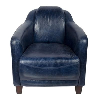 Fauteuils - Fauteuil Gentleman Bleu en Cuir Vintage - Design Élégant et Compact - JP2B DECORATION