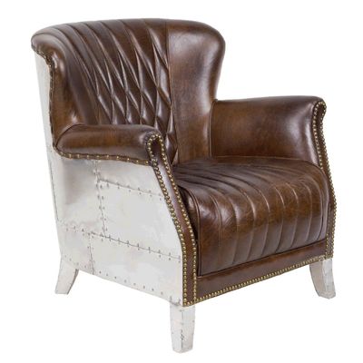 Armchairs - Cambridge Aero Armchair in Leather and Aluminium, Vintage Cigar Style - JP2B DECORATION