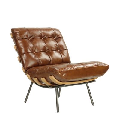 Fauteuils - Fauteuil Jansen cuir vieilli, style vintage années 70, pieds métal - JP2B DECORATION