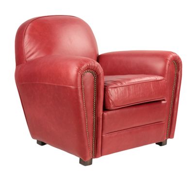 Armchairs - Red leather Club Chair, timeless design, round back - JP2B DECORATION