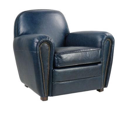 Armchairs - Blue leather Club Chair, timeless design, round back - JP2B DECORATION