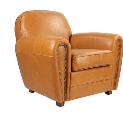 Armchairs - Tan leather Club Chair, timeless design, round back - JP2B DECORATION