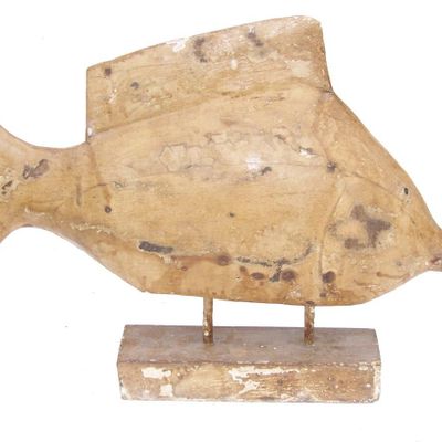 Decorative objects - Fish sculpture in recycled wood, distressed yellow finish, 60 cm - JP2B DECORATION