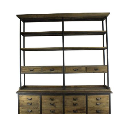 Bookshelves - Industrial bookshelf in metal and pine, 231 cm, 12 drawers, natural wood - JP2B DECORATION