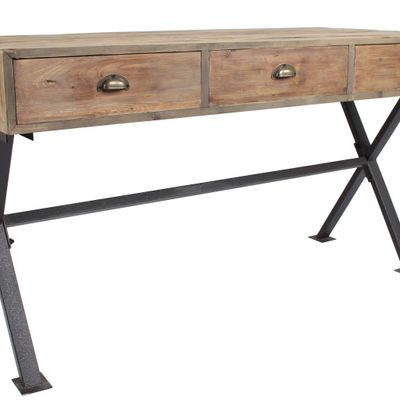 Desks - Industrial desk in metal and recycled wood, 150 cm, 3 drawers, vintage style - JP2B DECORATION