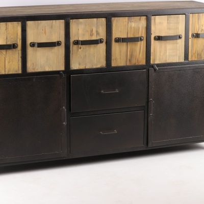 Buffets - Buffet industriel en métal et bois recyclé, 160 cm, 8 tiroirs - JP2B DECORATION