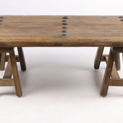 Coffee tables - Industrial vintage trestle coffee table in recycled wood, 110 cm - JP2B DECORATION