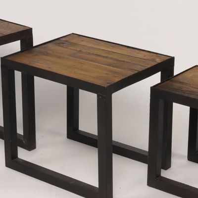 Tables basses - Set de tables gigognes en métal et bois recyclé, 40 cm, style industriel - JP2B DECORATION