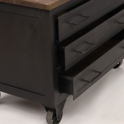 Coffee tables - Industrial side table Atelier in wood and metal, with wheels, 72 cm - JP2B DECORATION