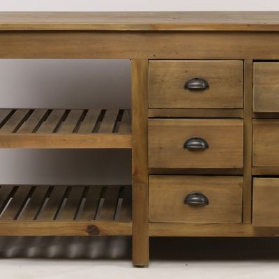 Buffets - Îlot de rangement Melchior en bois recyclé, 150 cm, 6 tiroirs et 2 étagères - JP2B DECORATION