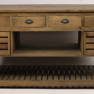 Buffets - Îlot de cuisine Emerson en bois recyclé, 160 cm, 12 tiroirs, style vintage - JP2B DECORATION