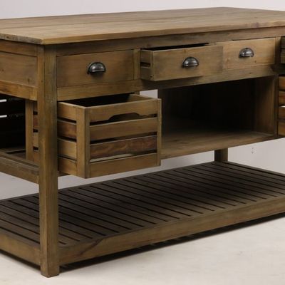 Buffets - Îlot de cuisine Emerson en bois recyclé, 160 cm, 12 tiroirs, style vintage - JP2B DECORATION