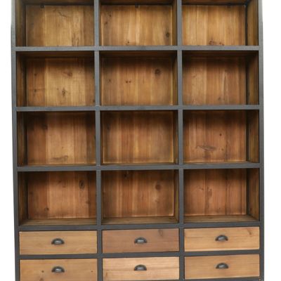 Bookshelves - Industrial bookcase wood and iron, 6 drawers, 12 shelves - JP2B DECORATION