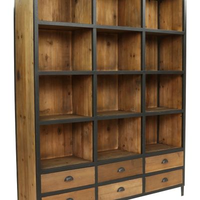 Bibliothèques - Bibliothèque industrielle bois et fer, 6 tiroirs, 12 étagères - JP2B DECORATION