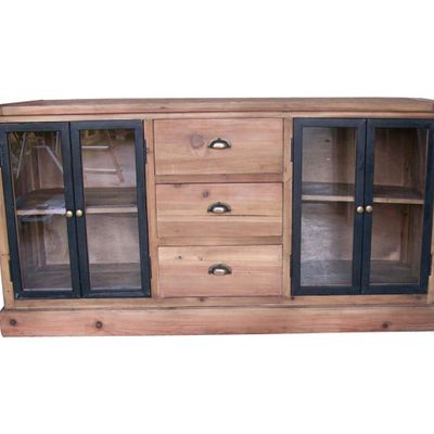 Sideboards - Recycled wood sideboard with glass doors, 3 drawers, rustic design - JP2B DECORATION