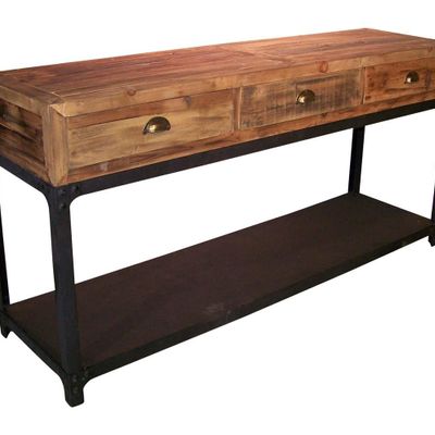 Console table - Large industrial console, 3 drawers, aged wood and metal - JP2B DECORATION