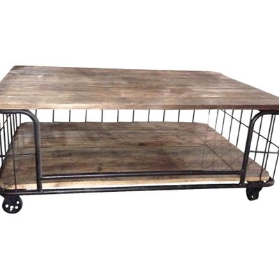 Coffee tables - Industrial cage coffee table, aged wood and metal, 130 cm - JP2B DECORATION