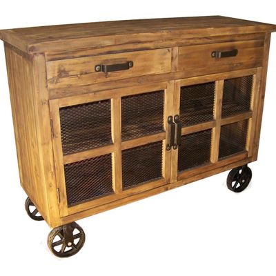 Sideboards - Recycled wood sideboard on wheels, 2 drawers, industrial design - JP2B DECORATION