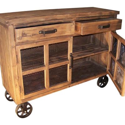 Buffets - Bas de buffet en bois recyclé sur roulettes, 2 tiroirs, design industriel - JP2B DECORATION