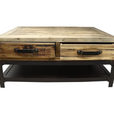 Coffee tables - Mini industrial coffee table, aged wood and metal, 100 cm - JP2B DECORATION