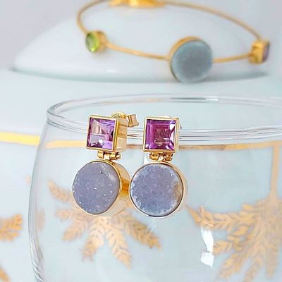 Jewelry - Earrings with agate druzy and amethyst "Anne" - WAGNER ARTE