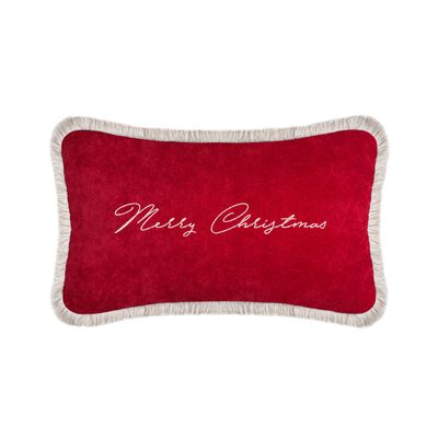 Other Christmas decorations - Christmas Happy Pillow Velvet Red With White Fringes - LO DECOR