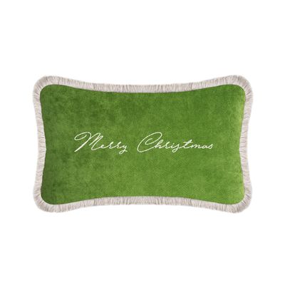 Autres décorations de Noël - Coussin Christmas Happy en velours vert avec franges blanches - LO DECOR