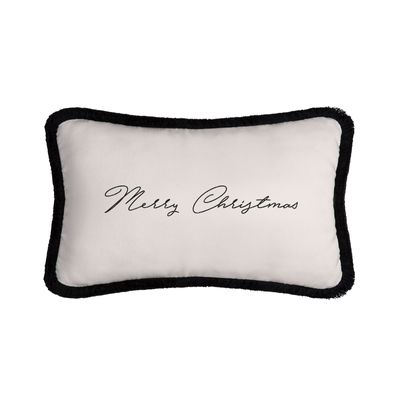 Autres décorations de Noël - Christmas Happy Pillow Velours Blanc Avec Franges Noires - LO DECOR