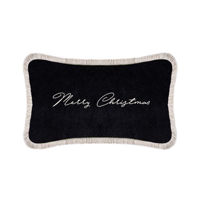 Other Christmas decorations - Christmas Happy Pillow Velvet Black With White Fringes - LO DECOR