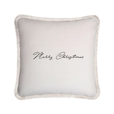 Autres décorations de Noël - Christmas Happy Pillow Velours Blanc Avec Franges Blanches - LO DECOR