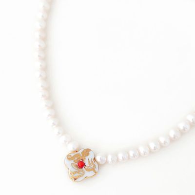 Jewelry - Necklace Small White-Golden Cross with Coral and Pearls "Byzantium" - WAGNER ARTE