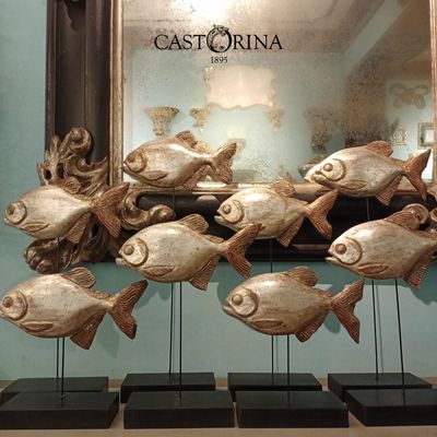 Sculptures, statuettes and miniatures - Piranhas set of 3 hand-made wood sculptures. Silver leaf finishing - CASTORINA 1895
