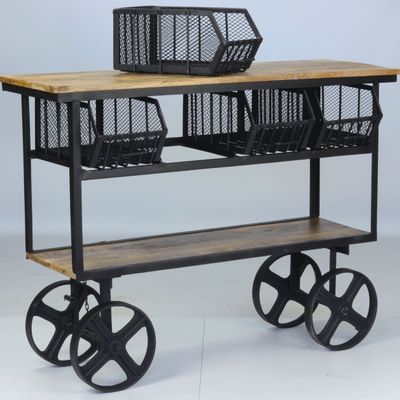 Bibliothèques - Chariot industriel en bois de manguier et métal, avec roulettes, 4 tiroirs - JP2B DECORATION