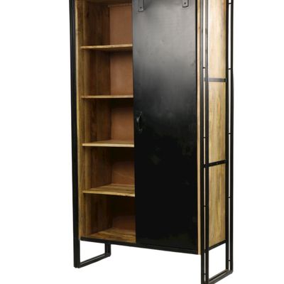 Etagères - Armoire industrielle bois et fer, porte coulissante, 4 étagères, 190 cm - JP2B DECORATION