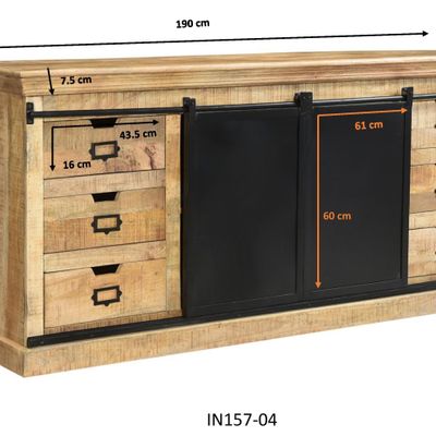 Sideboards - Industrial sideboard in recycled wood and iron, sliding door, 6 drawers, 1 shelf - JP2B DECORATION