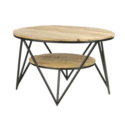 Coffee tables - Industrial coffee table in mango wood and iron, 90x90 cm with shelf - JP2B DECORATION