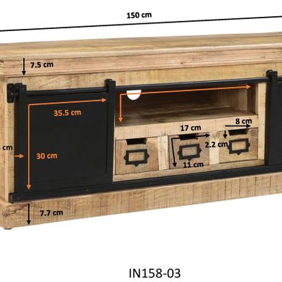 Etagères - Meuble TV industriel en bois et fer, 150 cm, porte coulissante, 3 tiroirs, 3 étagères - JP2B DECORATION