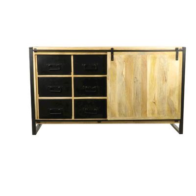 Buffets - Bas de buffet bois et fer, porte coulissante, 6 tiroirs - JP2B DECORATION