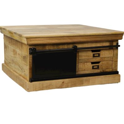 Tables basses - Table basse industrielle en bois et fer, 90x90 cm, porte coulissante, 4 tiroirs - JP2B DECORATION