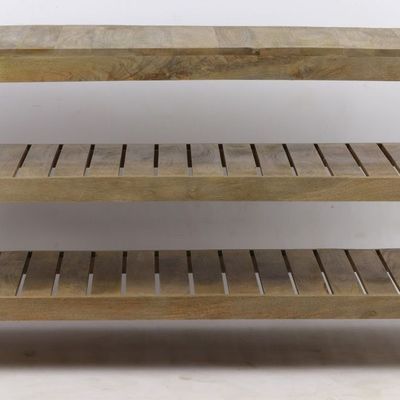 Consoles - Grande console industrielle en bois de manguier sur roulettes, 2 étagères - JP2B DECORATION