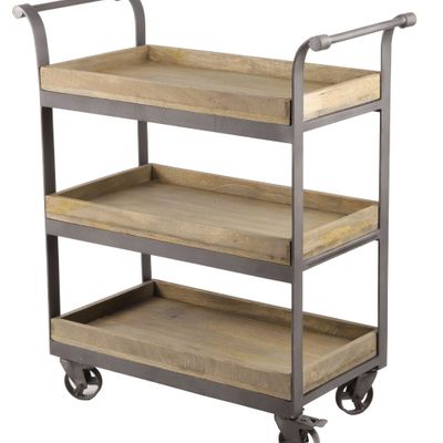 Shelves - Industrial trolley in mango wood and metal, 3 shelves, on wheels - JP2B DECORATION