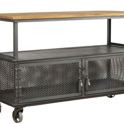 Shelves - Industrial TV stand in mango wood and metal, with wheels, 1 shelf - JP2B DECORATION