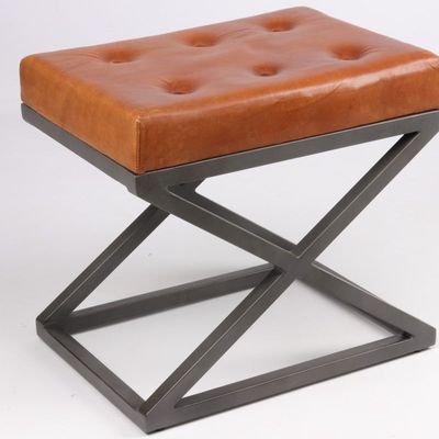 Footrests - Industrial pouf in metal and goat leather, vintage cigar color, 51 cm - JP2B DECORATION