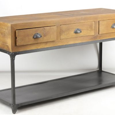 Console table - Large industrial console in mango wood and metal, 3 drawers, 1 shelf - JP2B DECORATION