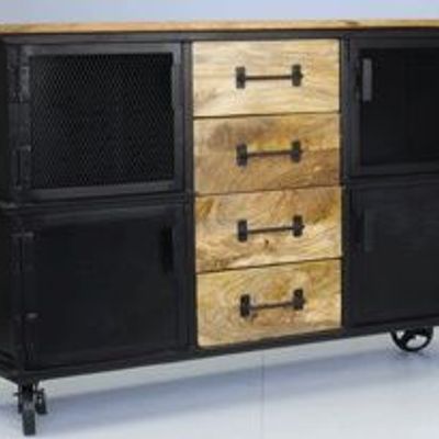 Sideboards - Industrial sideboard on wheels in mango wood and metal, 4 drawers - JP2B DECORATION