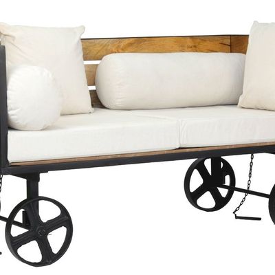 Sofas for hospitalities & contracts - Industrial Railway sofa in mango wood and metal, on wheels - JP2B DECORATION