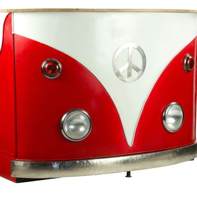 Buffets - Comptoir industriel Peace & Love en métal rouge et blanc, plateau en bois de manguier - JP2B DECORATION