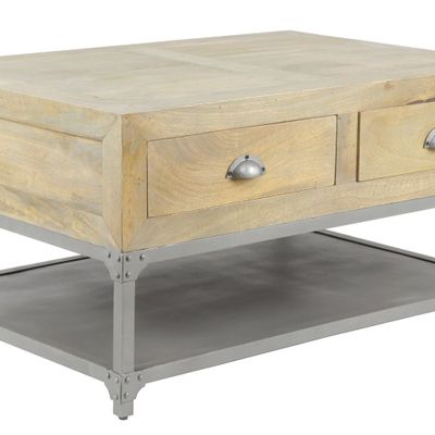 Coffee tables - Small industrial coffee table in mango wood and metal, 4 drawers, 1 shelf - JP2B DECORATION