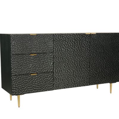 Sideboards - Long black oak embossed sideboard, 3 drawers, 157x45 cm - JP2B DECORATION