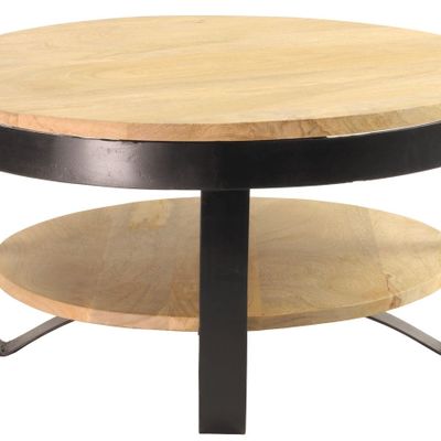 Coffee tables - Round coffee table Cerceau in mango wood and black metal, double shelves, D65 cm - JP2B DECORATION